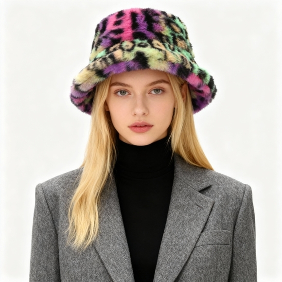 Faux Fur Bucket Hat Multicolor Leopard Print - Picture 13 of 15
